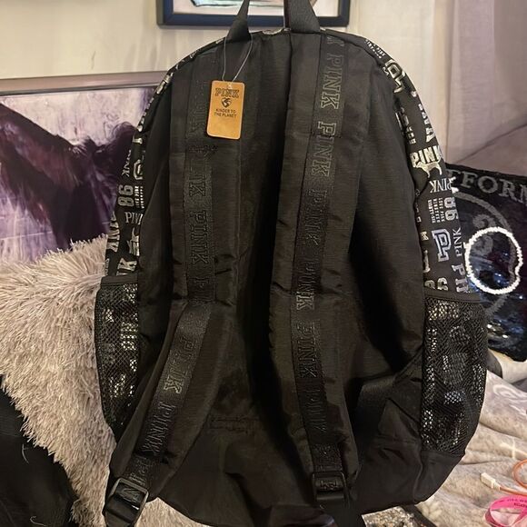 NWT VS PINK black shine all over mixed logo classic backpack - Picture 6 of 6